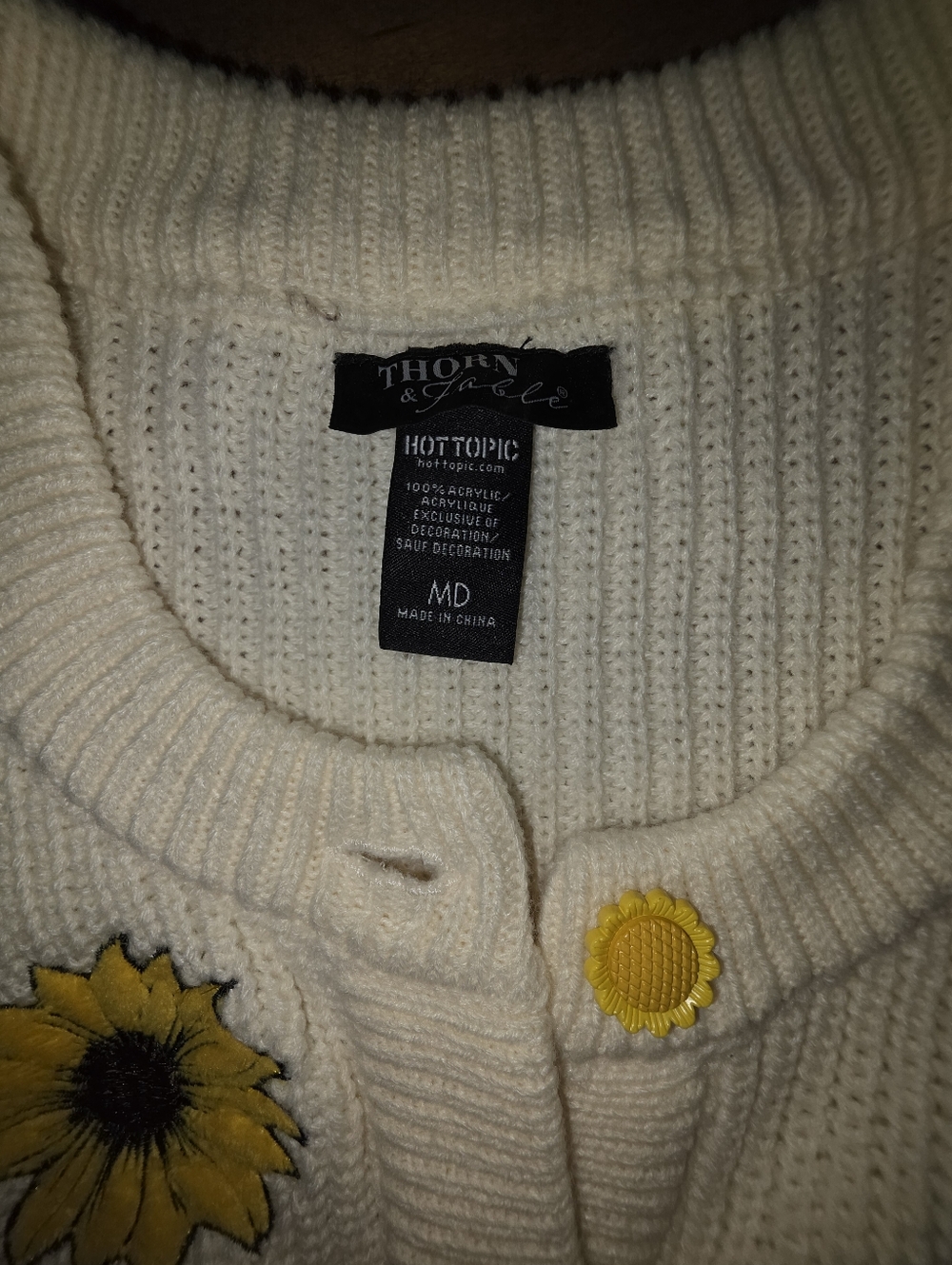 Ivory Chunky Knit Sunflower Button Up Cardigan Sweater with Ghost Bee "Boo-Bees" - Picture 6 of 8